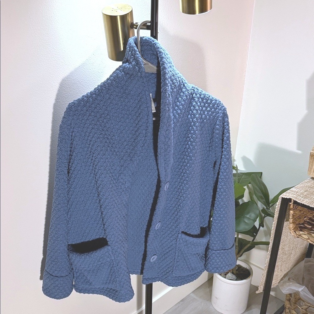Grannycore quilted 3/4 sleeve house jacket blue‎ throw on daily comfort knit O/S